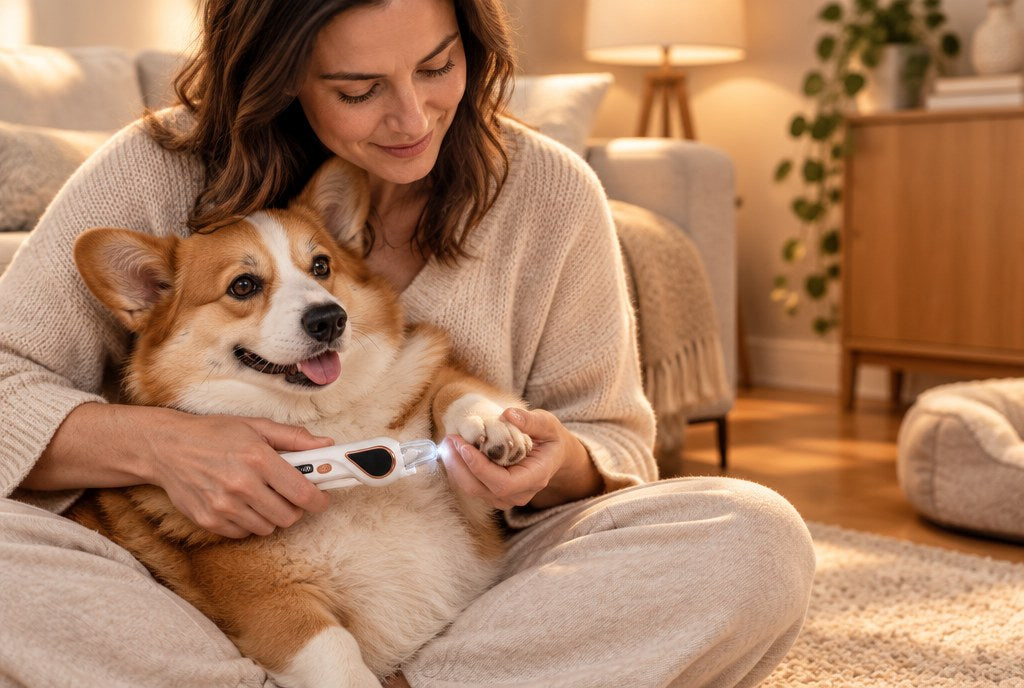 A woman trimming a Corgi's nail with the LED nail clipper on a living-room rug