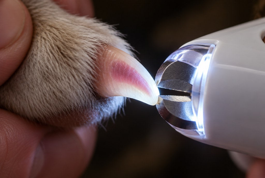 The LED lighting a pale nail from behind so the pink quick inside is visible