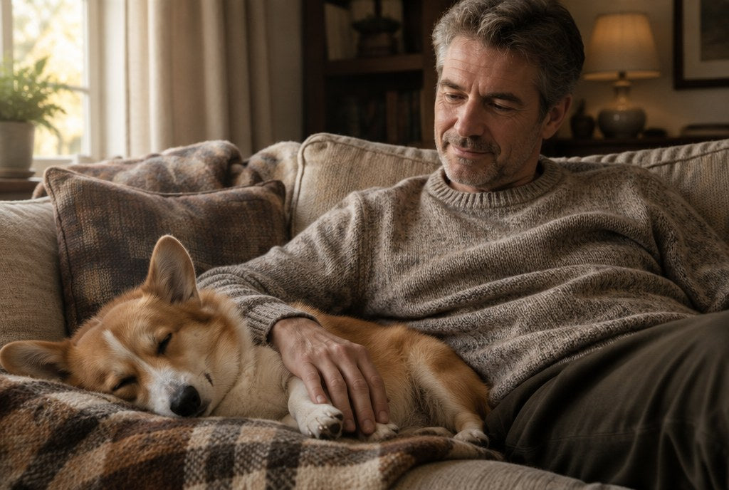 A man on a sofa with a sleeping Corgi, his hand over its paw
