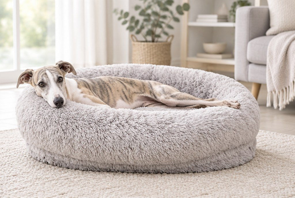 A Whippet stretched out full length in the oval plush bed