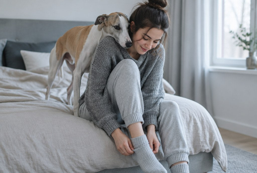 A Whippet pressing its head into a woman's shoulder on a bed