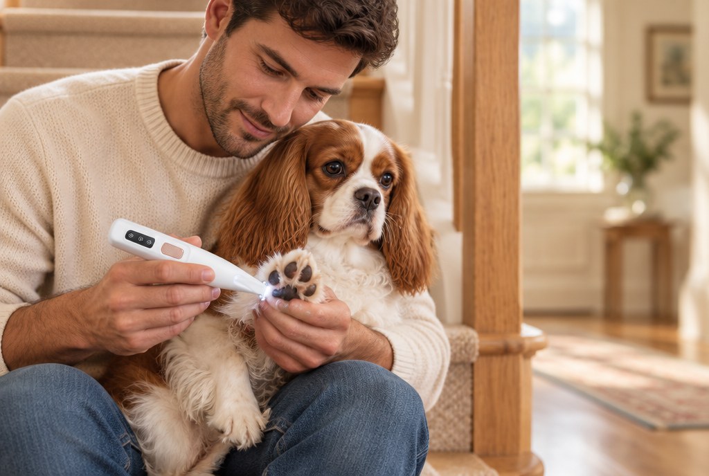 A man tidying the fur between a Cavalier spaniel's paw pads with the LED trimmer