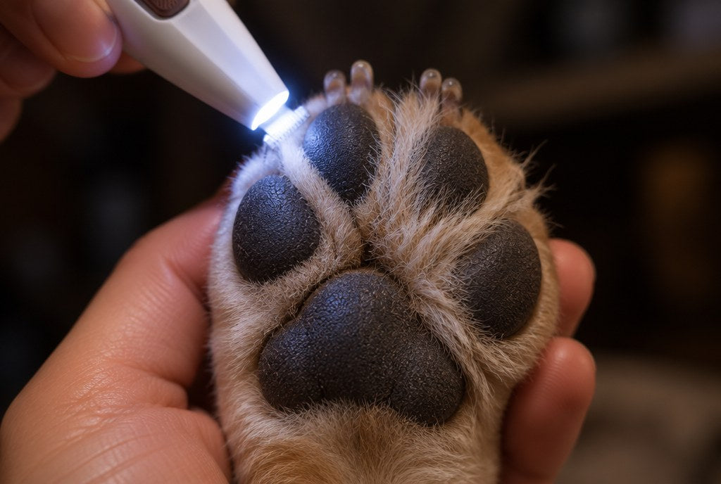 The LED lighting the underside of a paw, one side tidied and one still tufted