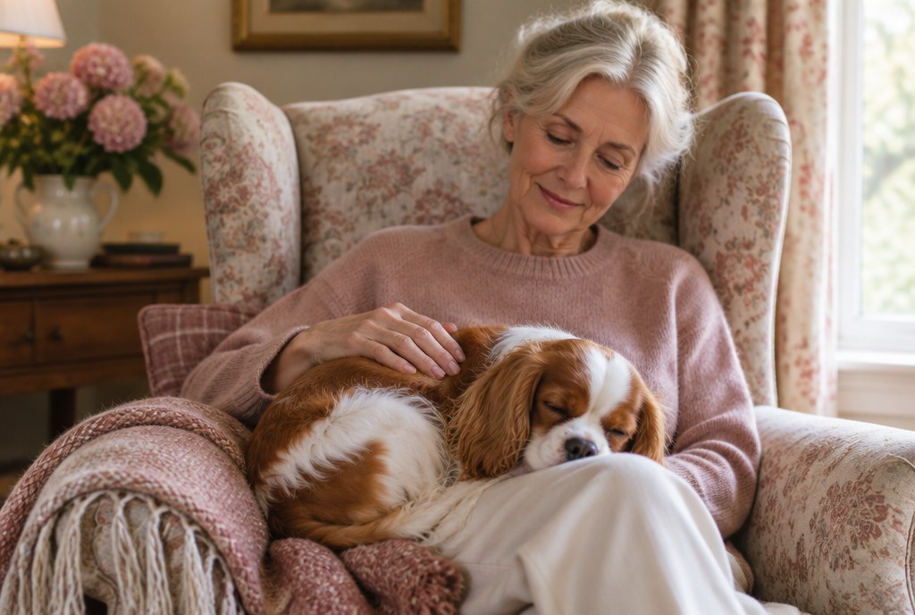 An older woman with a Cavalier spaniel asleep on her knee