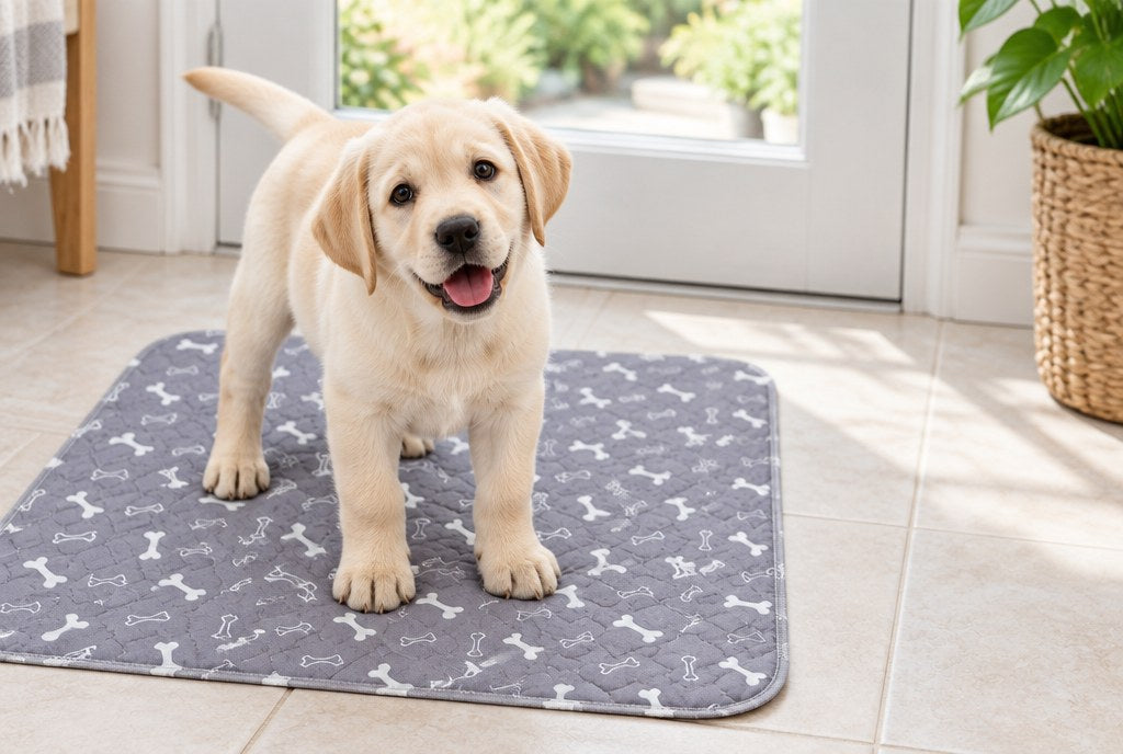 A Labrador puppy standing on the grey bone-print washable pad