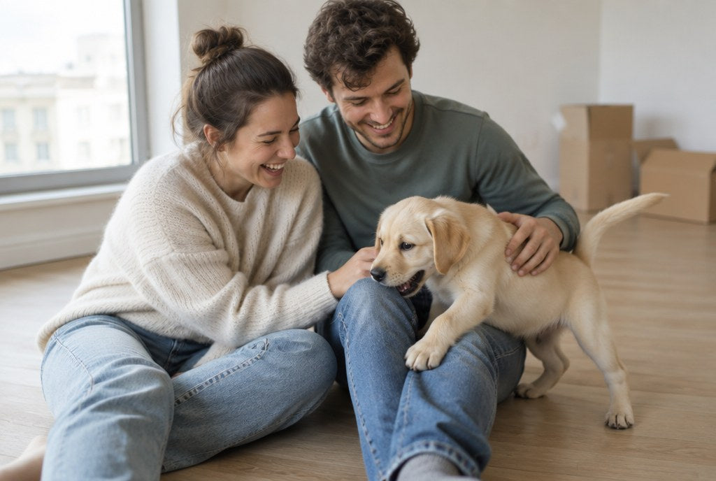A couple on the floor of a new flat with a Labrador puppy climbing over them