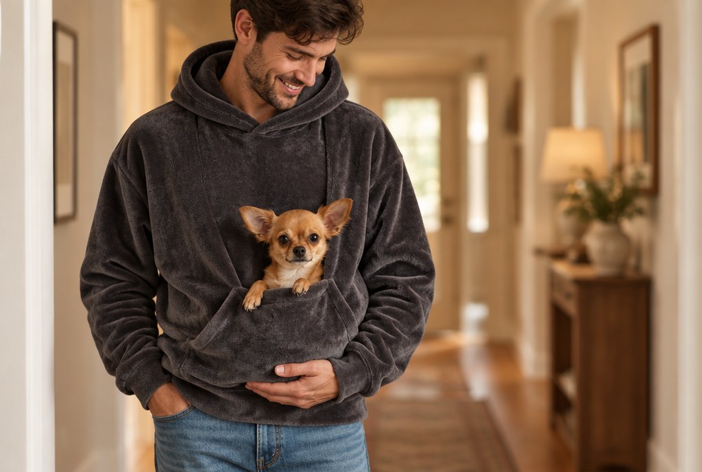 A man wearing the velvet pet-pocket hoodie with a Chihuahua in the front pocket