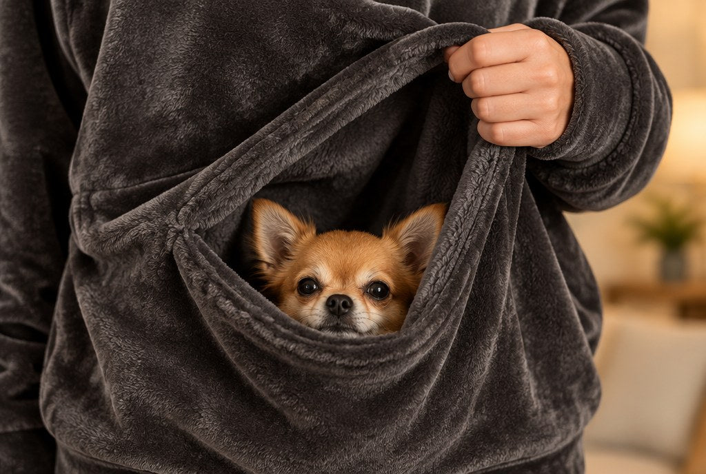 The pocket held open to show its depth with a small dog settled inside