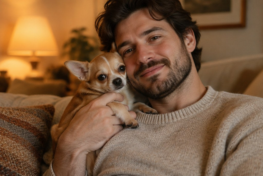 A man on a sofa holding a Chihuahua up against his shoulder