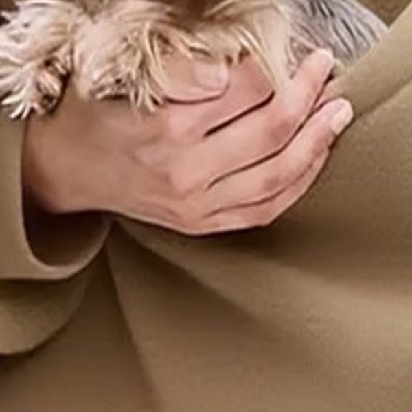Close-up of the plush pet pocket and a supporting hand