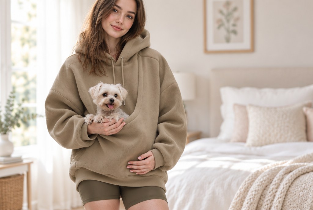 A woman in the long hooded pullover with a Maltese in the plush front pocket