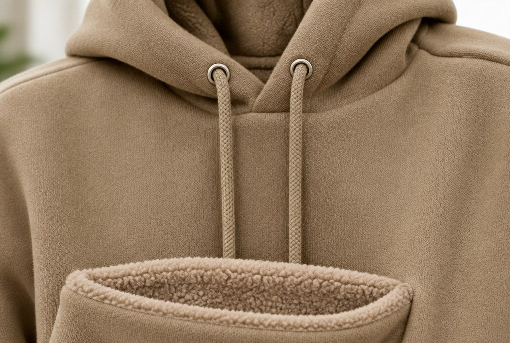 The drawcord placket above the fleece-lined pet pocket