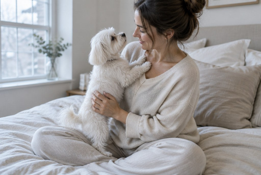 A woman sitting on a bed with a Maltese standing in her lap