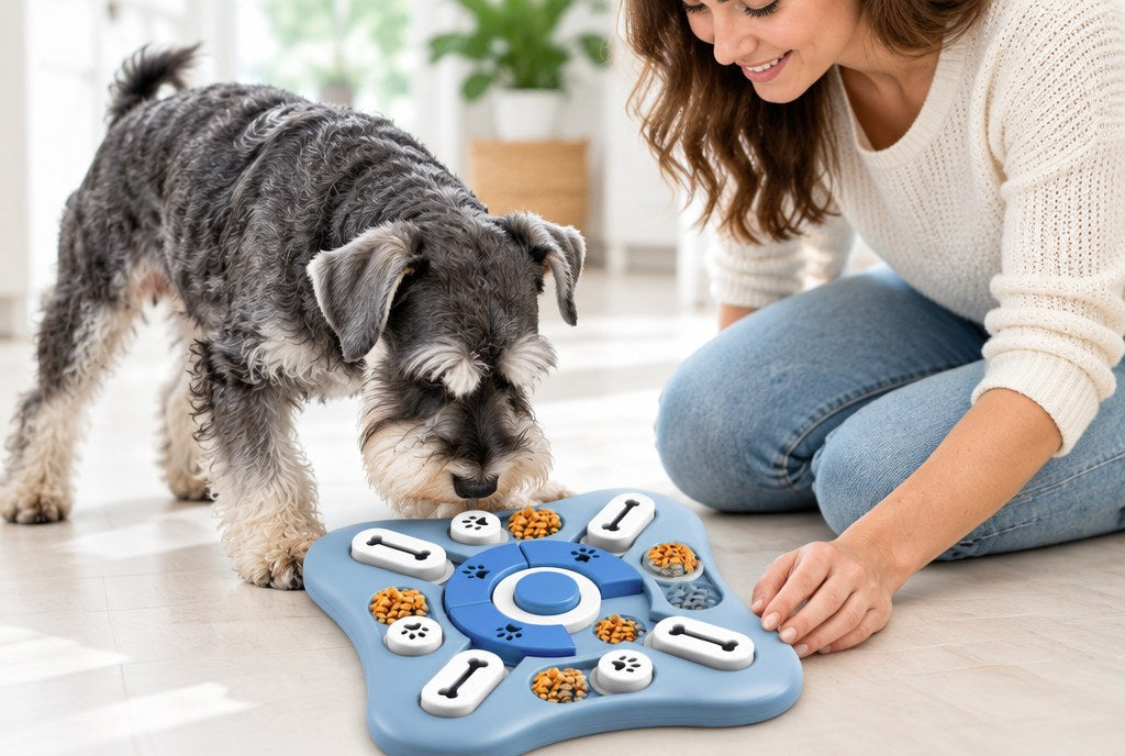 A Miniature Schnauzer working at the blue puzzle board while its owner watches