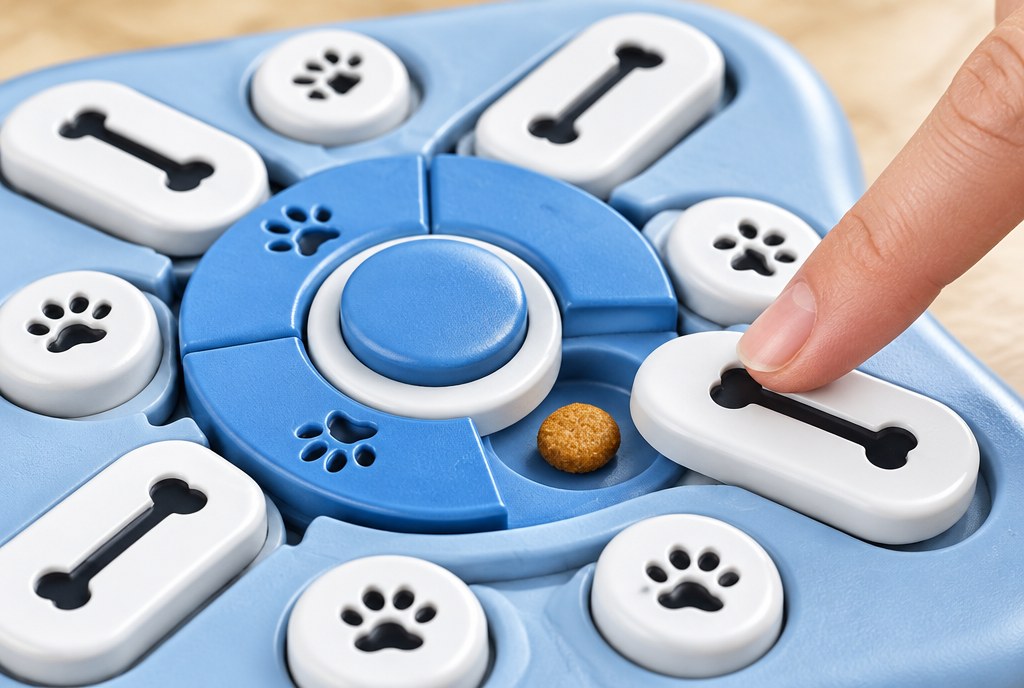 A slider pushed aside to reveal a piece of kibble in the well beneath