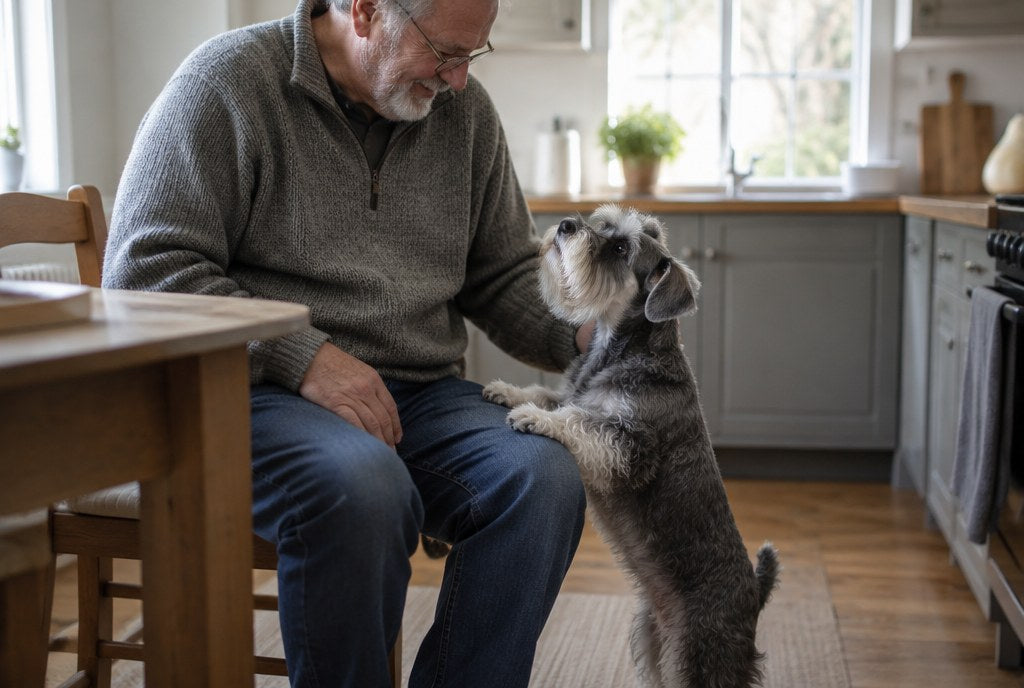 A Miniature Schnauzer with its paws on an older man's knee in a kitchen