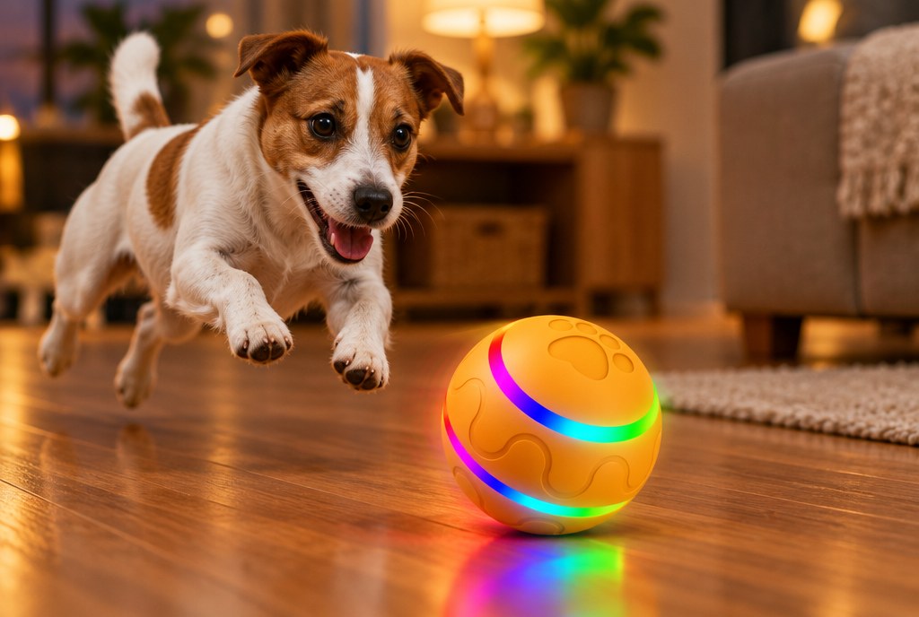 A Jack Russell Terrier chasing the glowing self-rolling ball across a wooden floor