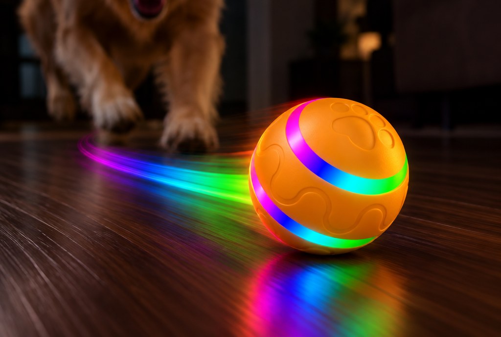The ball rolling fast in a dim room, leaving a streak of coloured light