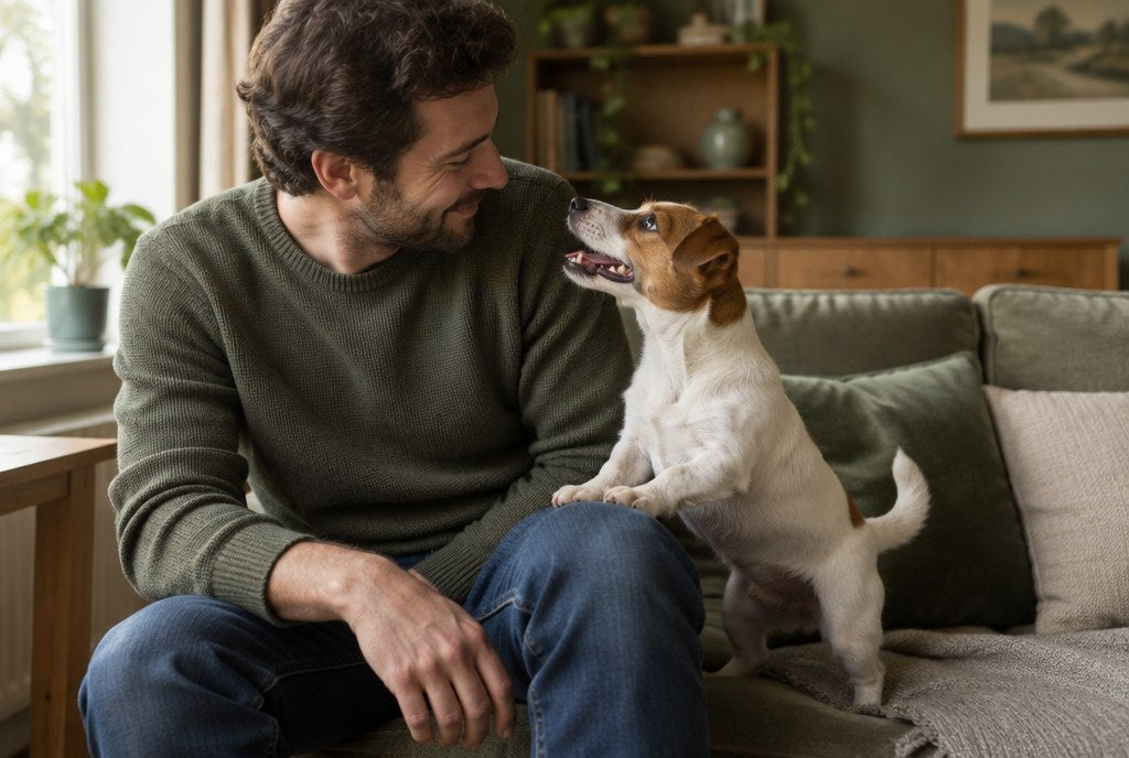 A man on a sofa with a Jack Russell Terrier's paws on his knee