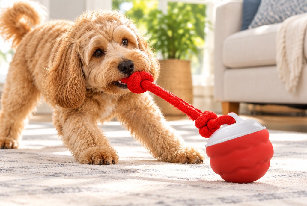 A Cockapoo pulling on the rope tail of the rolling dog ball