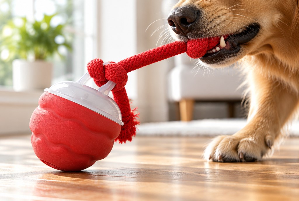 A dog's jaws on the knotted rope with the ball tipped up as it is dragged