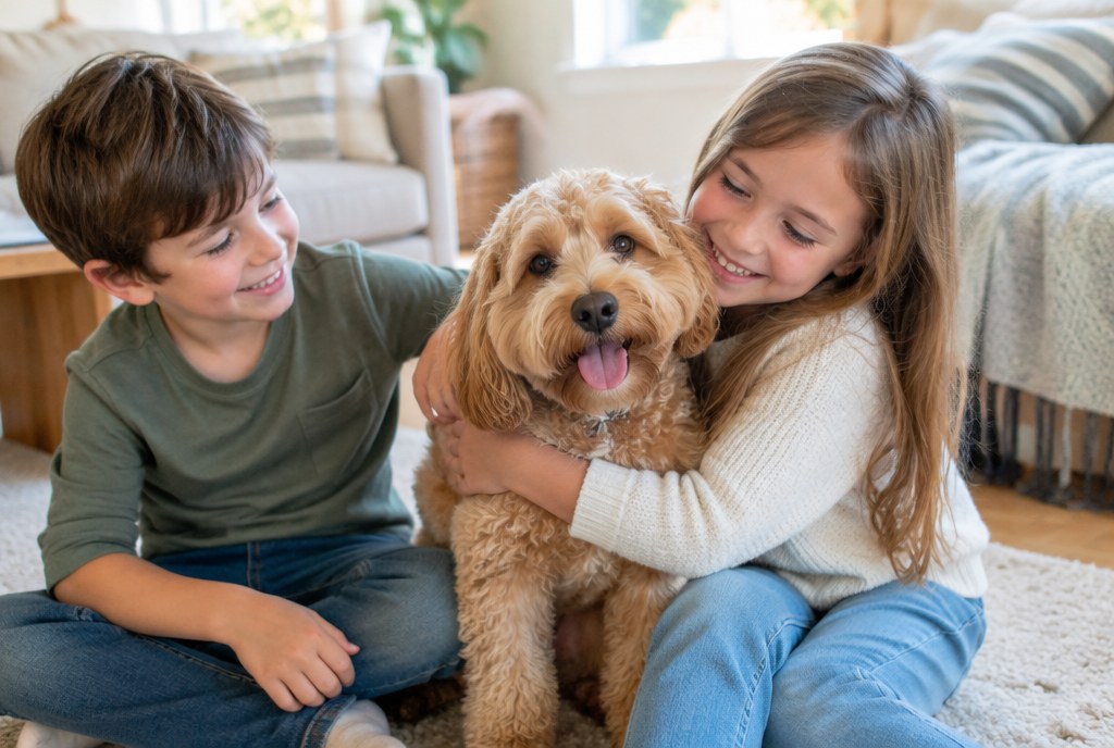 Two children on a living-room floor with a Cockapoo between them