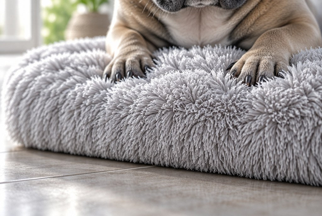 The pad's depth against a bare tile, with paws sunk into the pile
