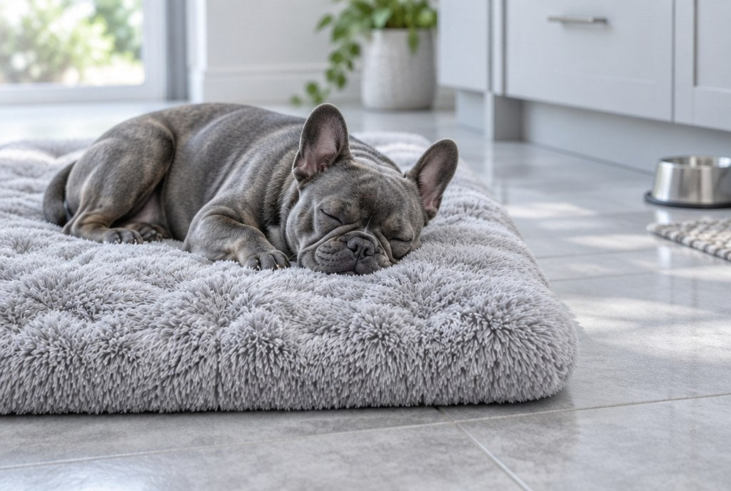 A French Bulldog asleep on the shag plush pad on a tiled floor