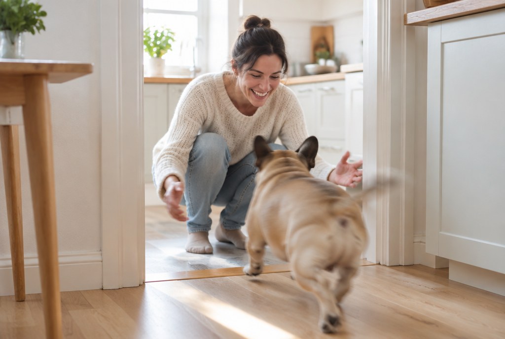 A French Bulldog running to its owner in a kitchen doorway