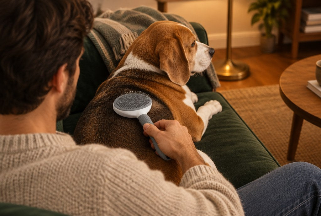 A man brushing a Beagle lying on a green sofa with the self-cleaning slicker brush