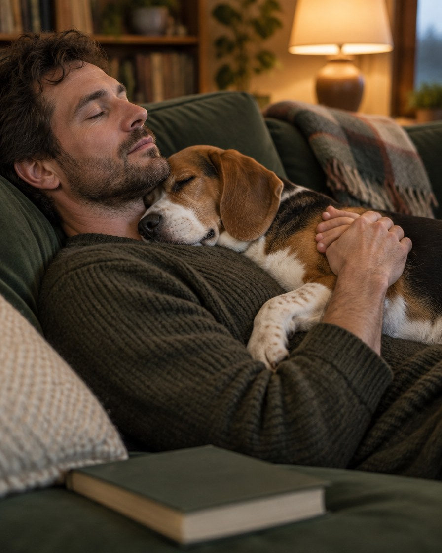 A Beagle resting against its owner on the sofa