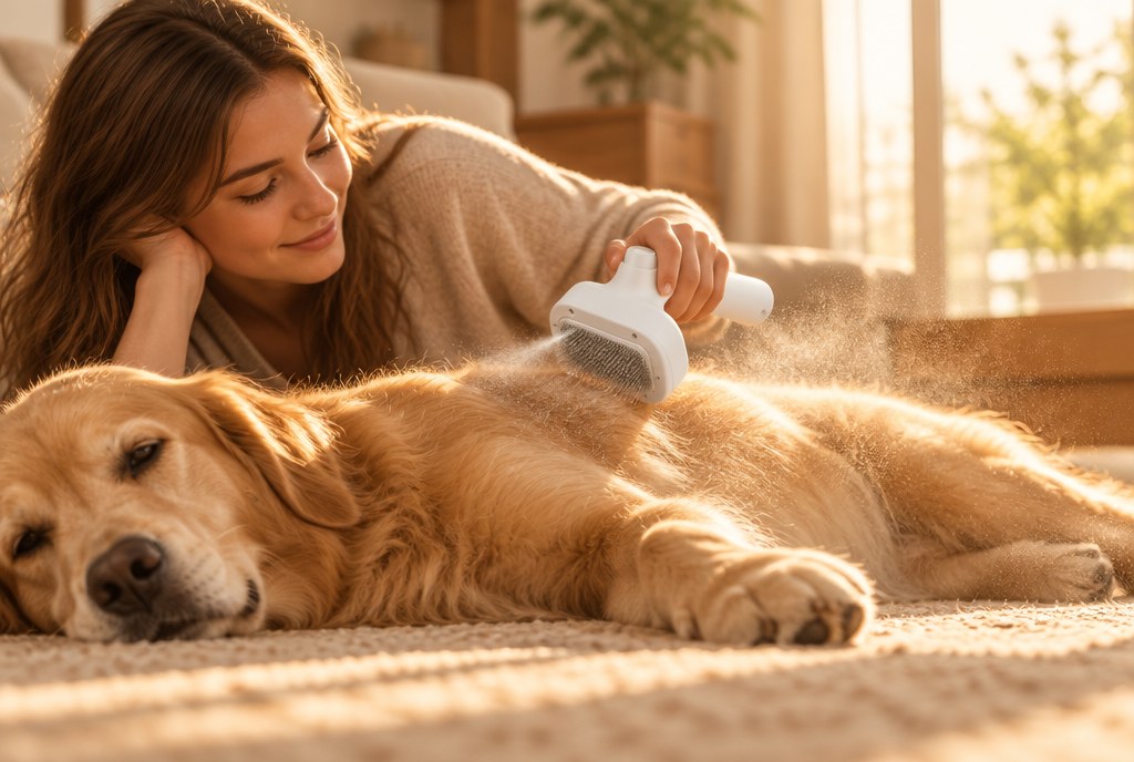 A woman brushing a Golden Retriever with the spray grooming brush at floor level