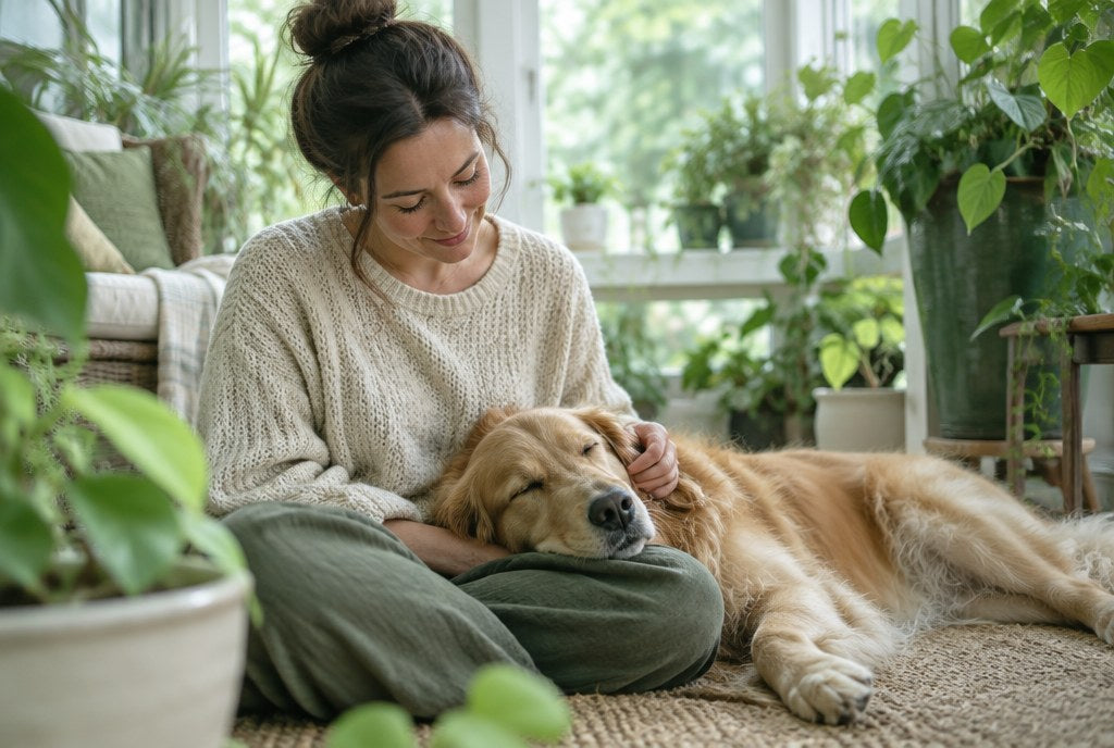 A woman in a plant-filled sunroom with a Golden Retriever's head in her lap