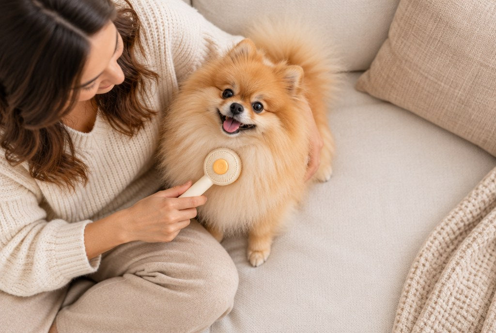 A woman brushing an orange Pomeranian with the swirl slicker brush