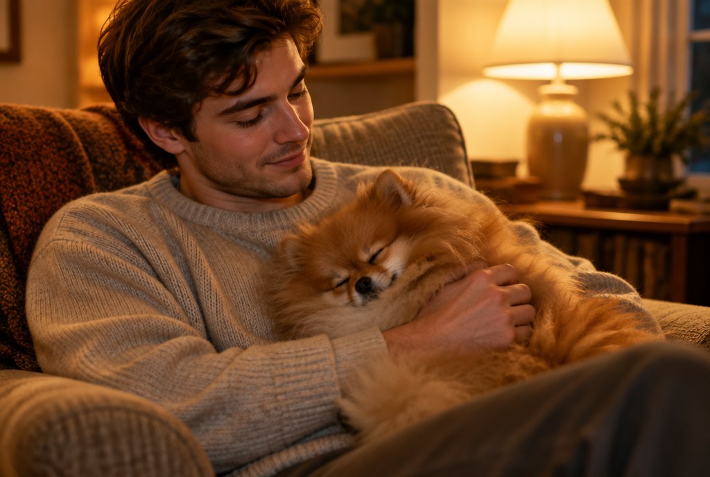 A man in an armchair with a Pomeranian asleep in his arm